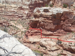 Looking back at the entrance to Bear Canyon; route in red